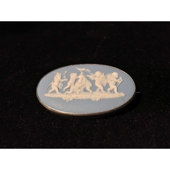Antique 1850s Wedgwood Solid Jasperware Pale Blue Sterling Silver Brooch England